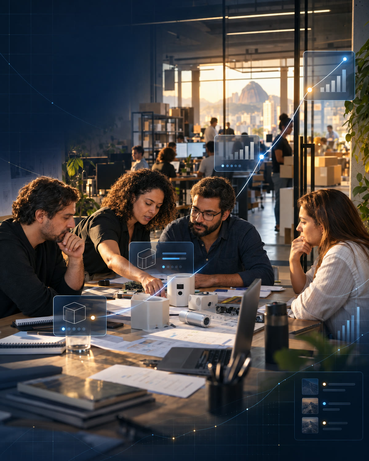 Equipe da EIXON reunida em volta de protótipos, placas e documentos sobre a mesa de trabalho